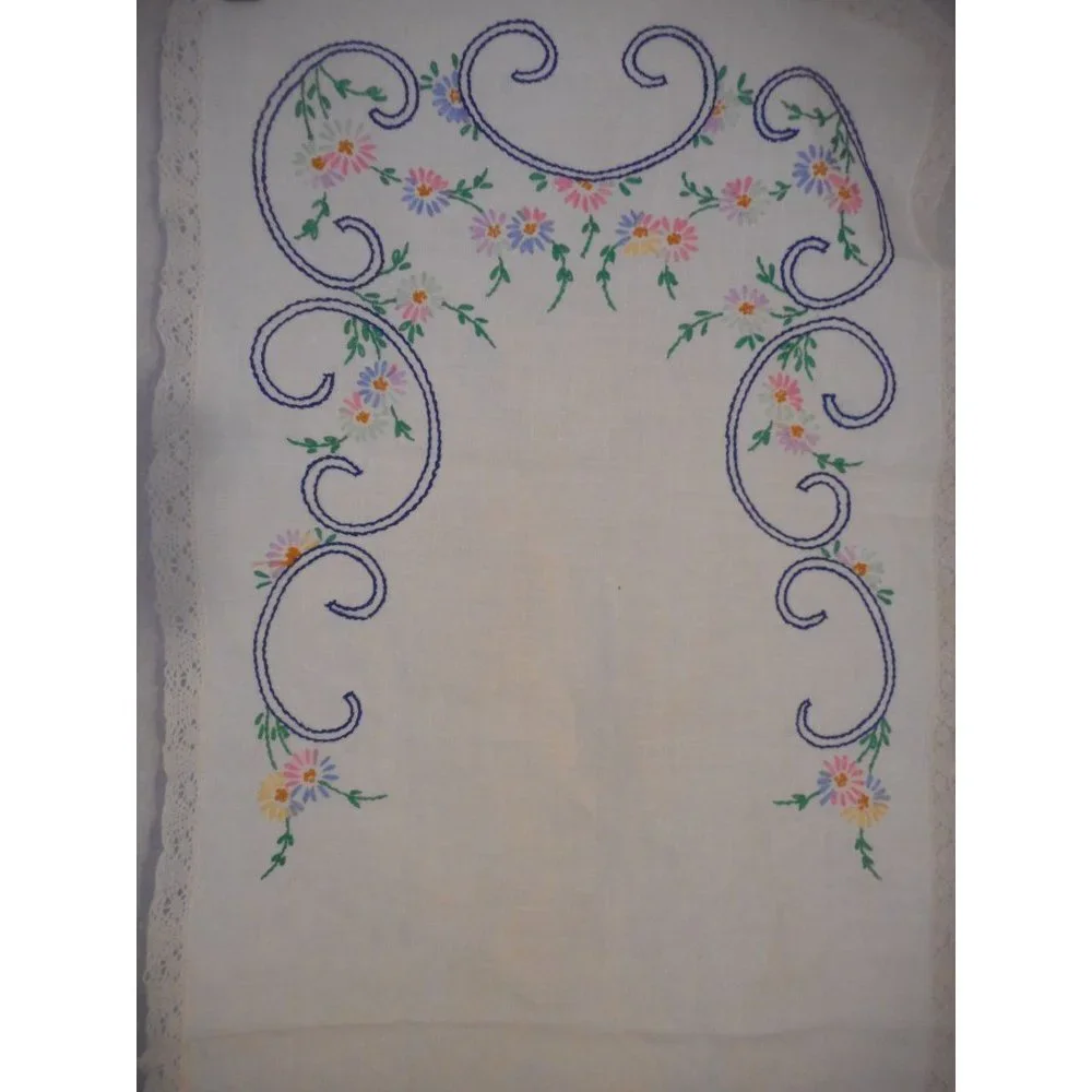 Vintage Blue Multicolor Floral handmade embroidered Lace Dresser scarf runner - Picture 2 of 4